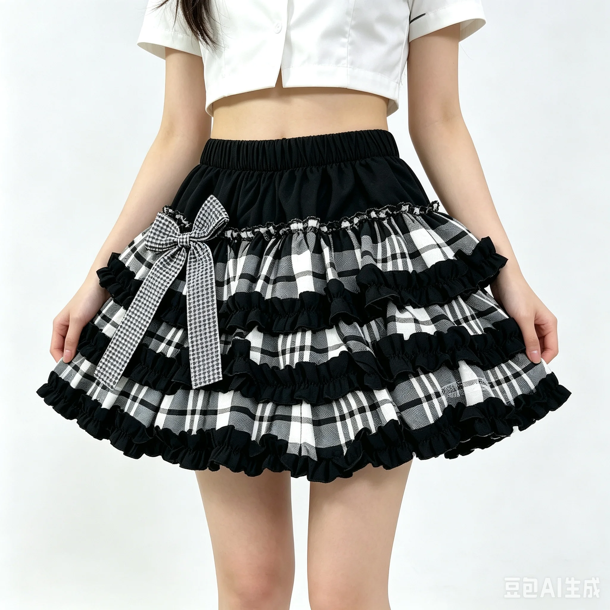Campus Preppy Coquette Plaid Tiered Cake Mini Skirt Sweet Bow Elastic Waist Built-in Safety Liner Women Frilly Flowy Short Skirt