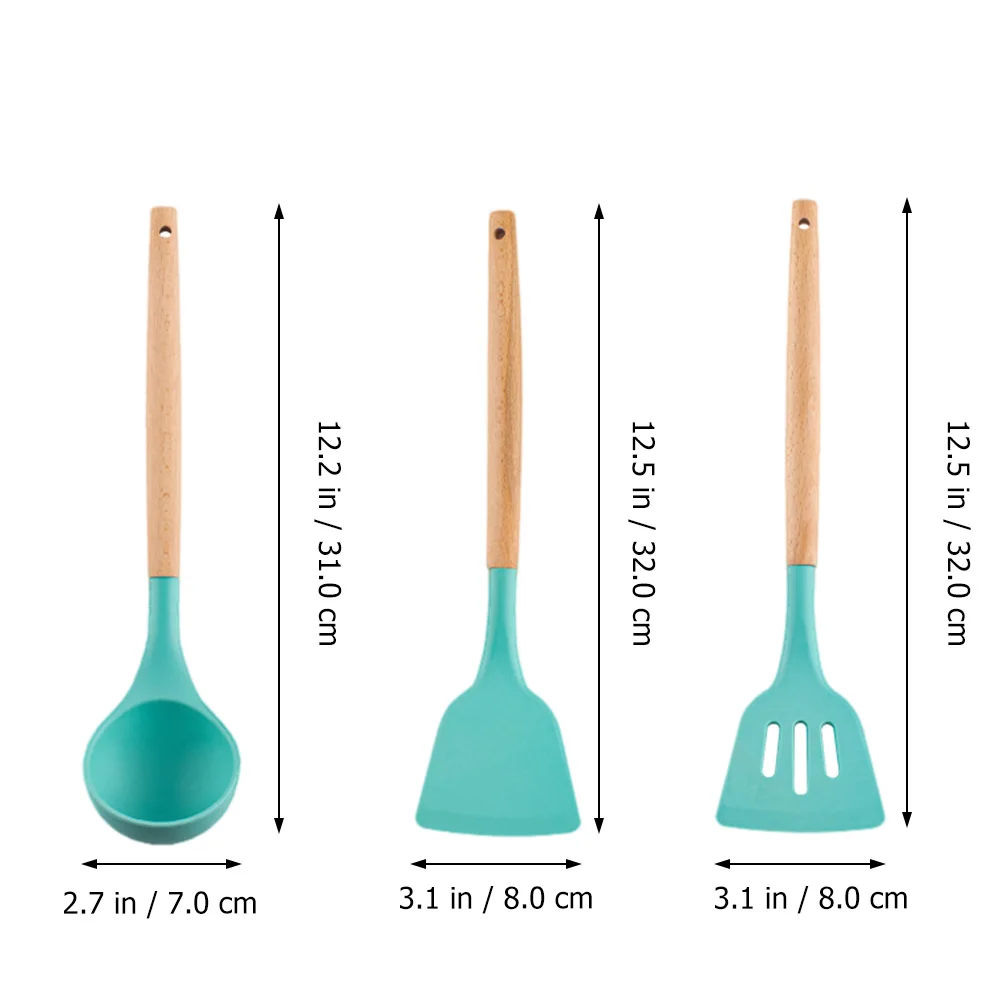 

Silicone Kitchen Utensils Set Shovel Skillet Frying Pan Wood Spatula Spoon Ladle Practical Easy Clean Storage Bake Cook