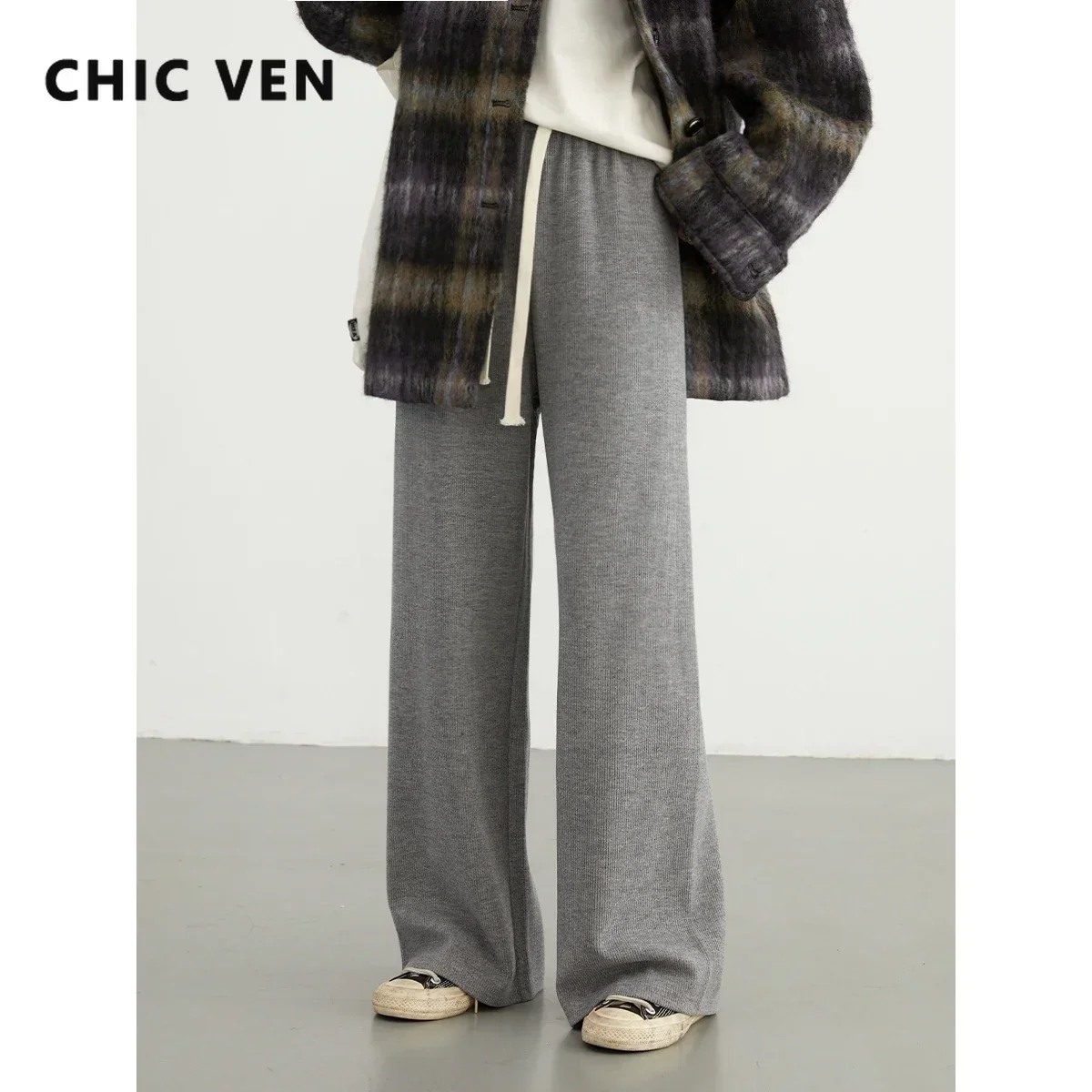 CHIC VEN Women Casual Pant Solid High Waisted Straight Trousers Wide Leg Sweatpants Long Sport Pant for Woman Autumn Winter 2023