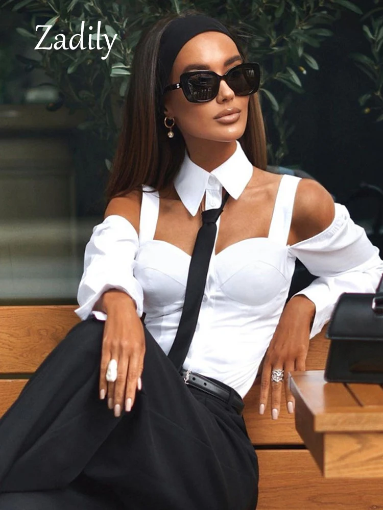 Zadily 2024 Summer Off The Shoulder Women White Shirt Sexy Slim Button Up Long Sleeve Tie Blouse Hollow Out Female Clothing Tops