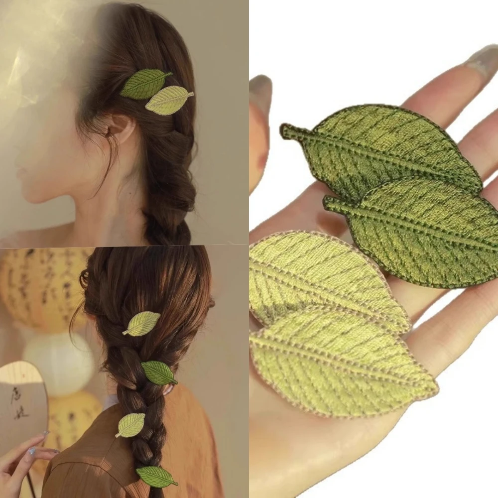 

2pcs Embroidered Leaves Hair Clip Exquisite Forehead Bangs Side Clips Korean Fashion Leaf Edge Hairpin Broken Hair Styling Clips