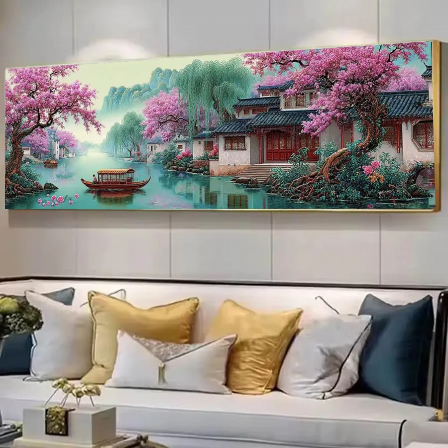 

Алмазная мозаика DIY «Пейзаж Цзяннань»: большой размер, полная выкладка, круглые и квадратные стразы, с изображением деревьев и водного города, вышивка алмазной мозаикой