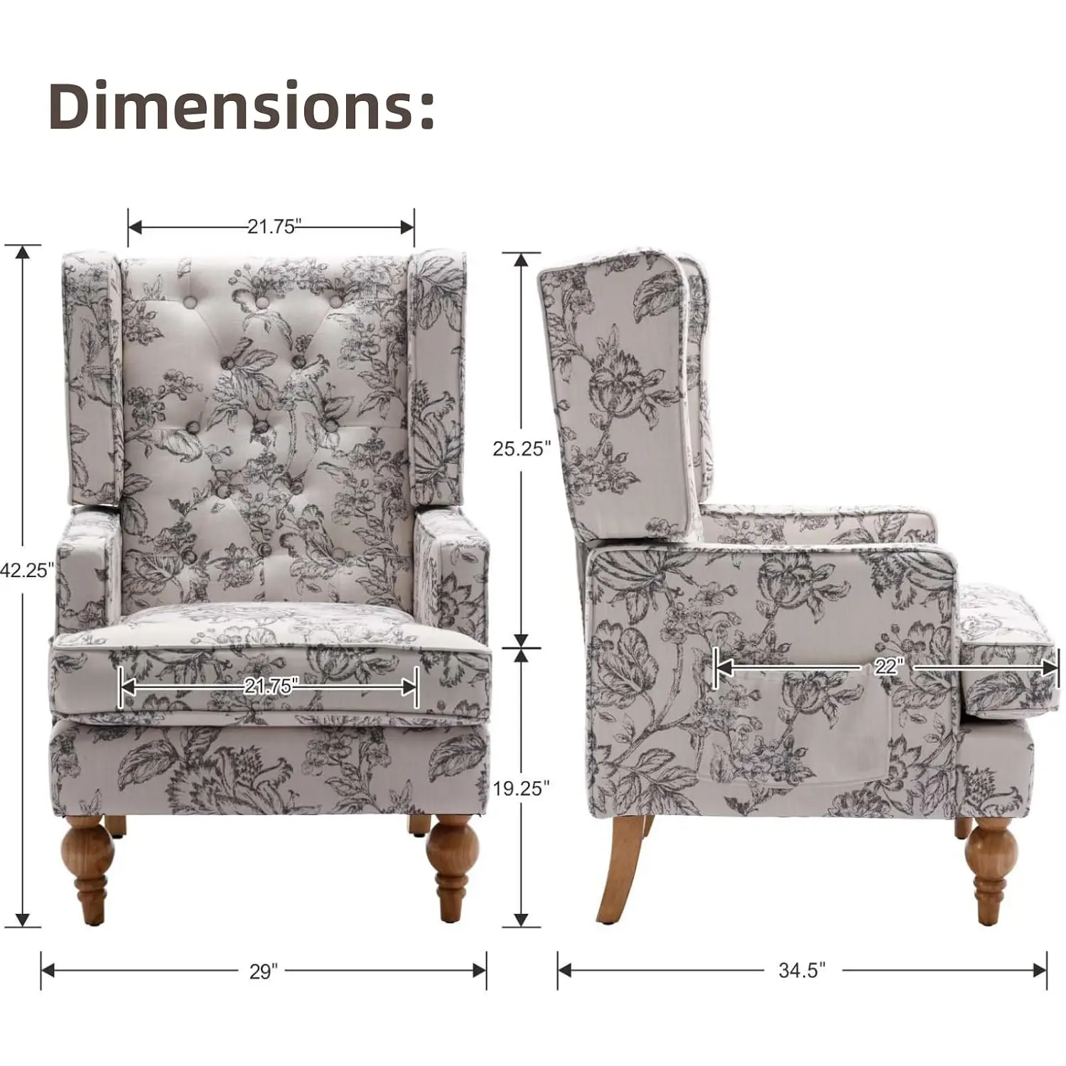 Linen Accent Chair Button Tufted Wingback Wooden Legs Armchair Side Pocket Living Room Bedroom Floral Beige, Customized