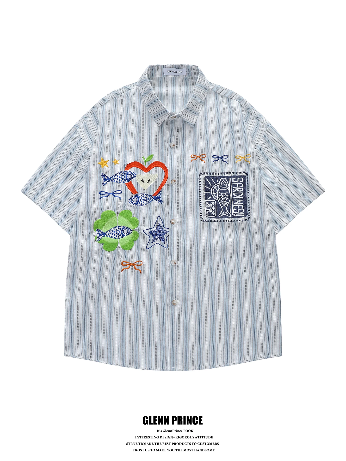 

GPstudio Japanese Cartoon Fun Fish Stripe Short Sleeve Men's College Style Dopaamine Anti-aging Shirt Summer Casual Loose Fit