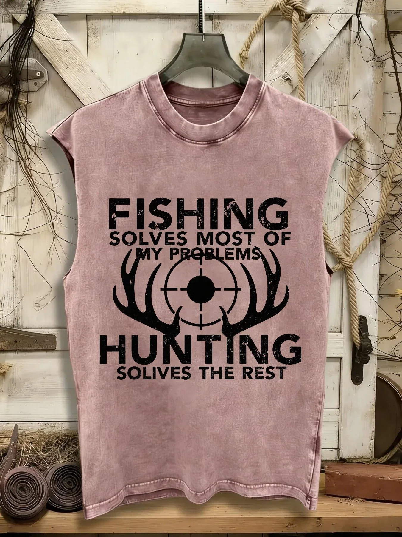 Customization 100% Sleeveless Vest, 210G Washed Vest, 'Fishing Solved Most Of My Problems, Hunting Solved The Rest, ' With Horn view 3