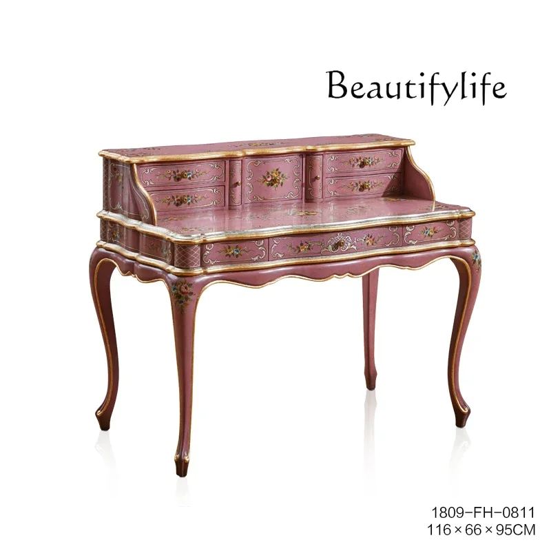 

Romantic French court style luxury rose pink desk and chair set solid wood hand-painted sticker gold foil imitation piano table