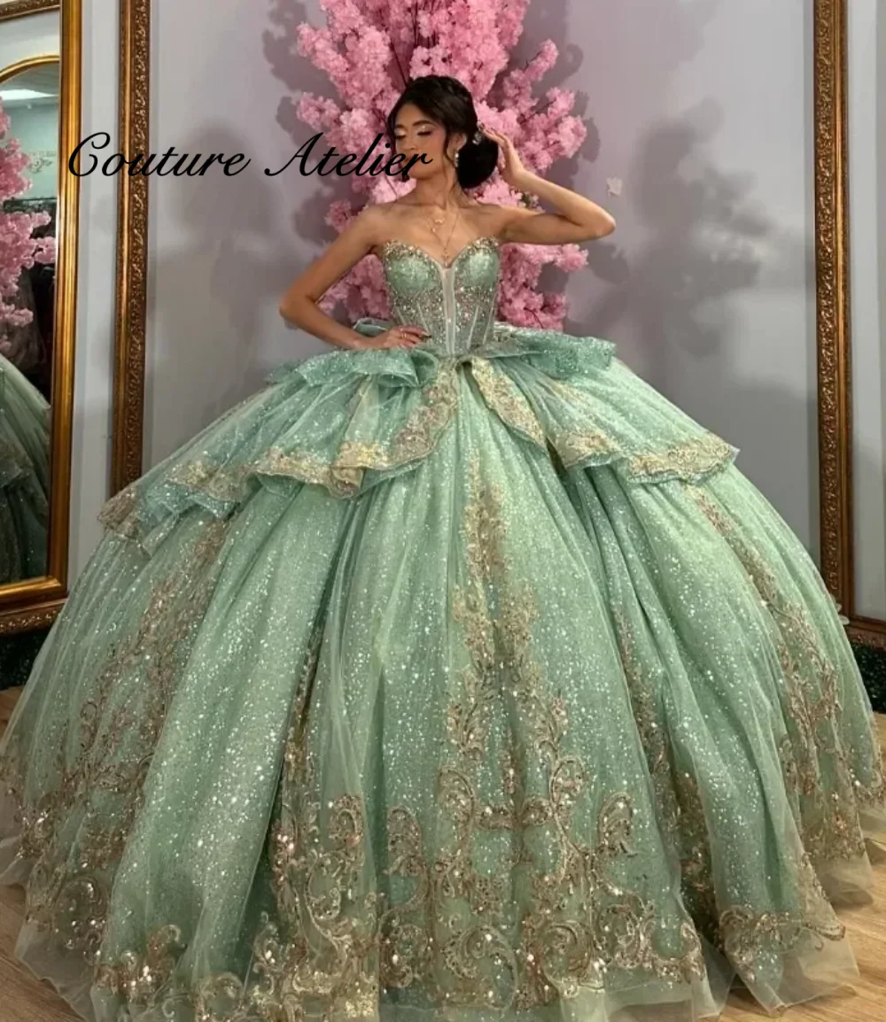 

Vestido De 15 Quinceañera Corto Sage Green Ball Gown Quinceanera Dresses Appliqued Beaded Pageant Party Gowns Customized