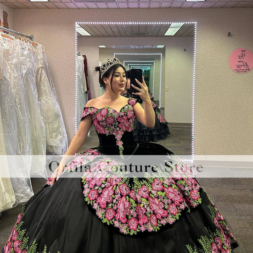 Charro-vestido De baile mexicano para quinceañera, Vestidos De encaje bordado, Vestidos De graduación De 15 Años, negro, dulce 16