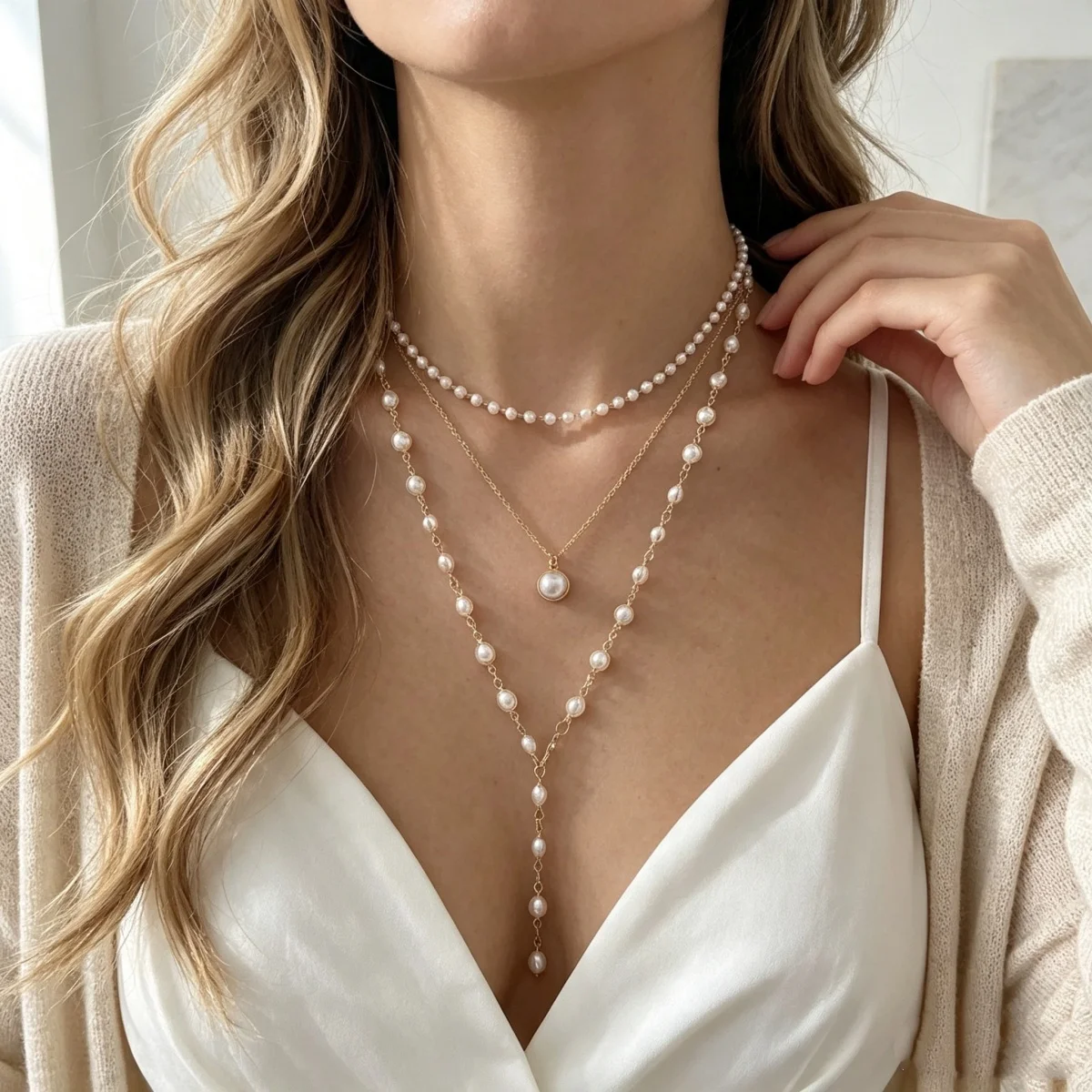Vintage Elegante Simulierte Perlen-Halskette für Damen, Mehrschichtige Y-förmige Pulloverkette, Choker, Hochzeitsschmuck – Detail 11