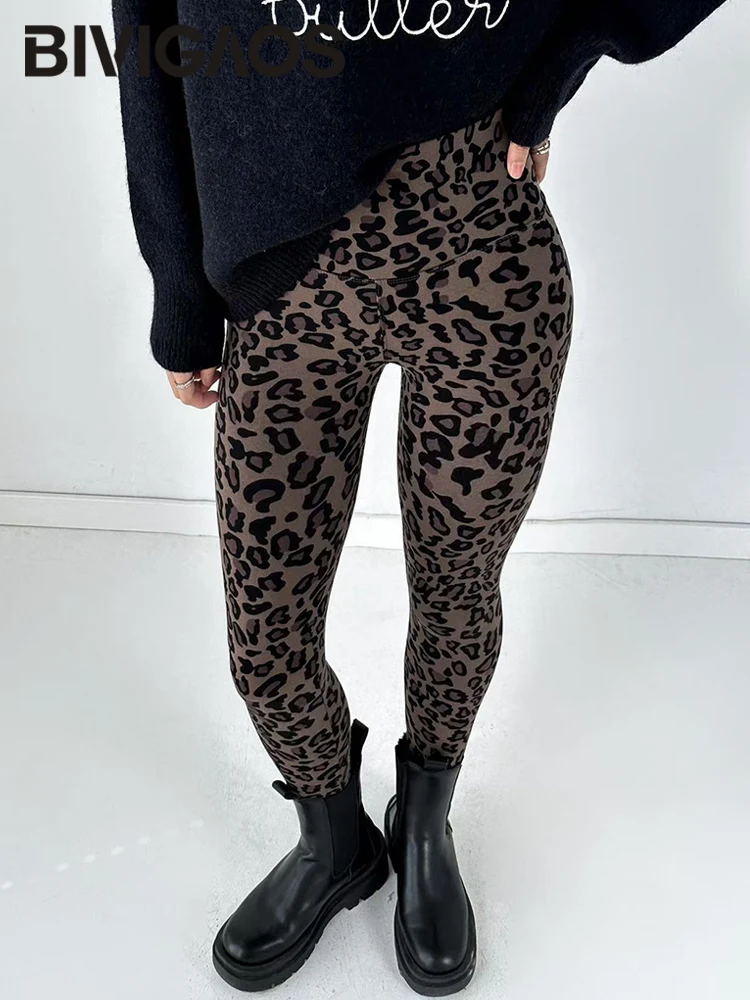 BIVIGAOS Fall Leopard Fleece Sharkskin Leggings Women High Waist Elastic Slim Fit Sexy Leggings Thickened Winter Warm Leggings