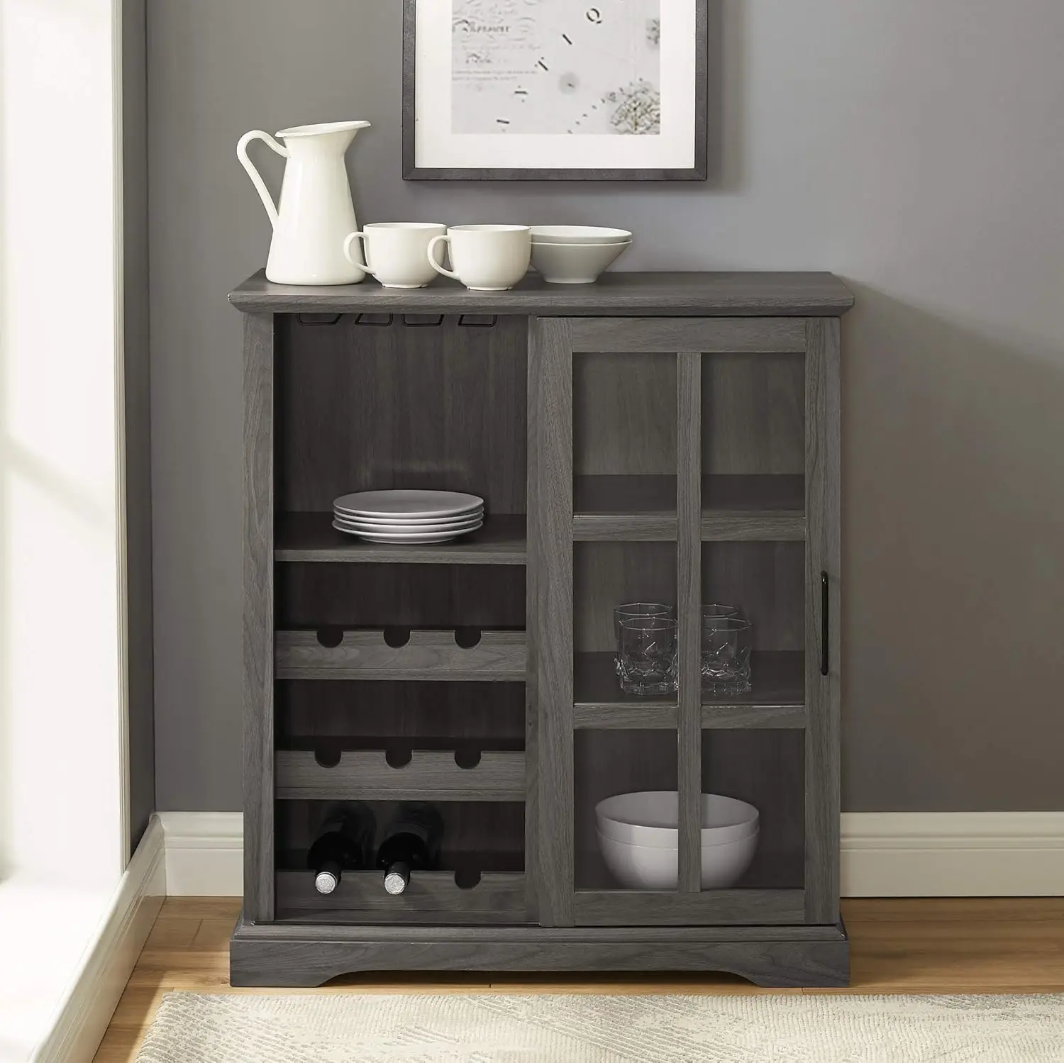 

Wood Sliding Glass Door Bar Cabinet Entryway Serving Wine Storage Doors Dining Room Console, 36 Inch, Slate Grey