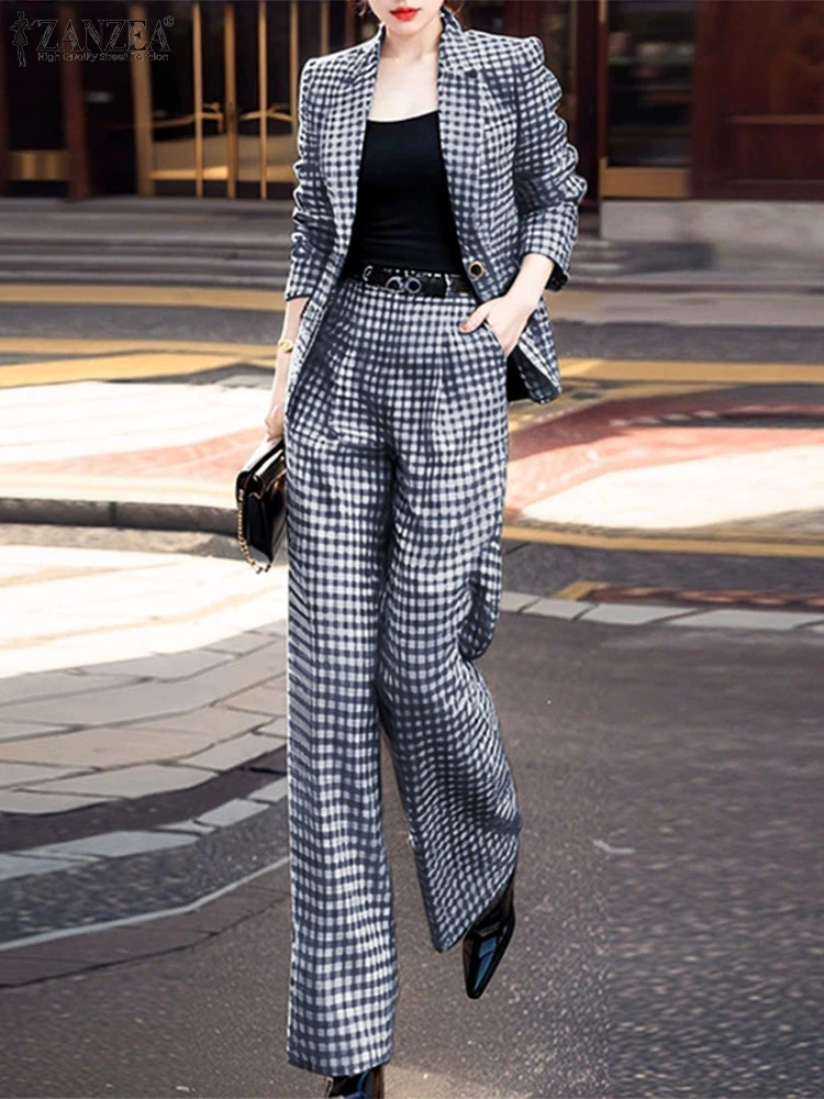ZANZEA Autunno Plaid 2 pezzi Set Pantaloni da ufficio Set Risvolto Manica lunga Blazer Cappotti Pantaloni Vestito da donna Set coordinati 2025