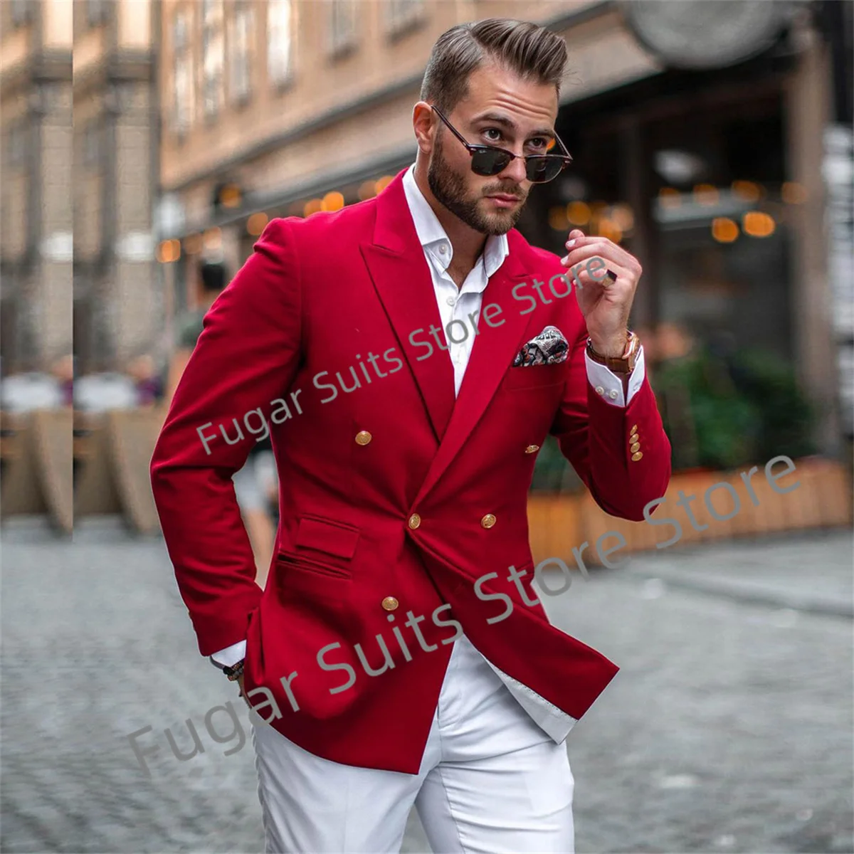 

Fashion Red Men Suits Double Breasted Peak Lapel Groom Formal Tuxedos 2 Pieces Sets Casual Jacket And White Pants Costume Homme