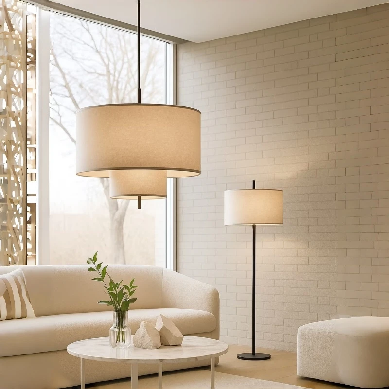 French Minimalist Fabric Chandelier Vintage Pendant Light Cream Hanging Lamp for Restaurant Living Room Bedroom Study Home Decor