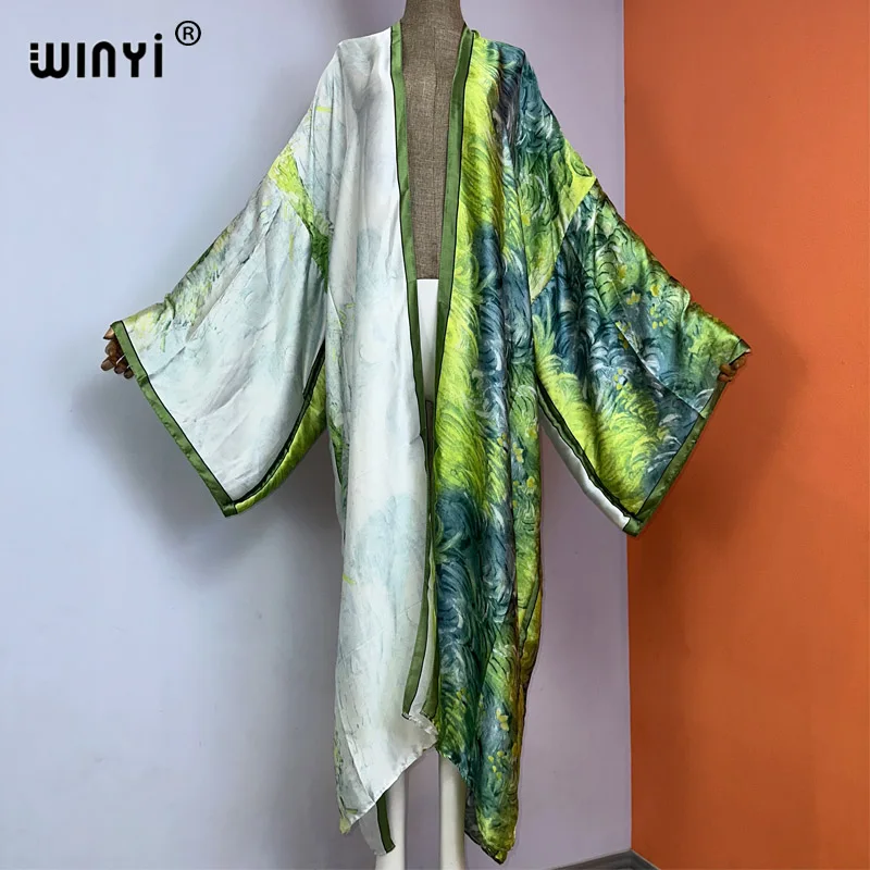 WINYI kimono new fashion print купальник Women Cardigan Loose Long Dress elegant Party Boho Maxi beach Holiday Cover Ups  kaftan