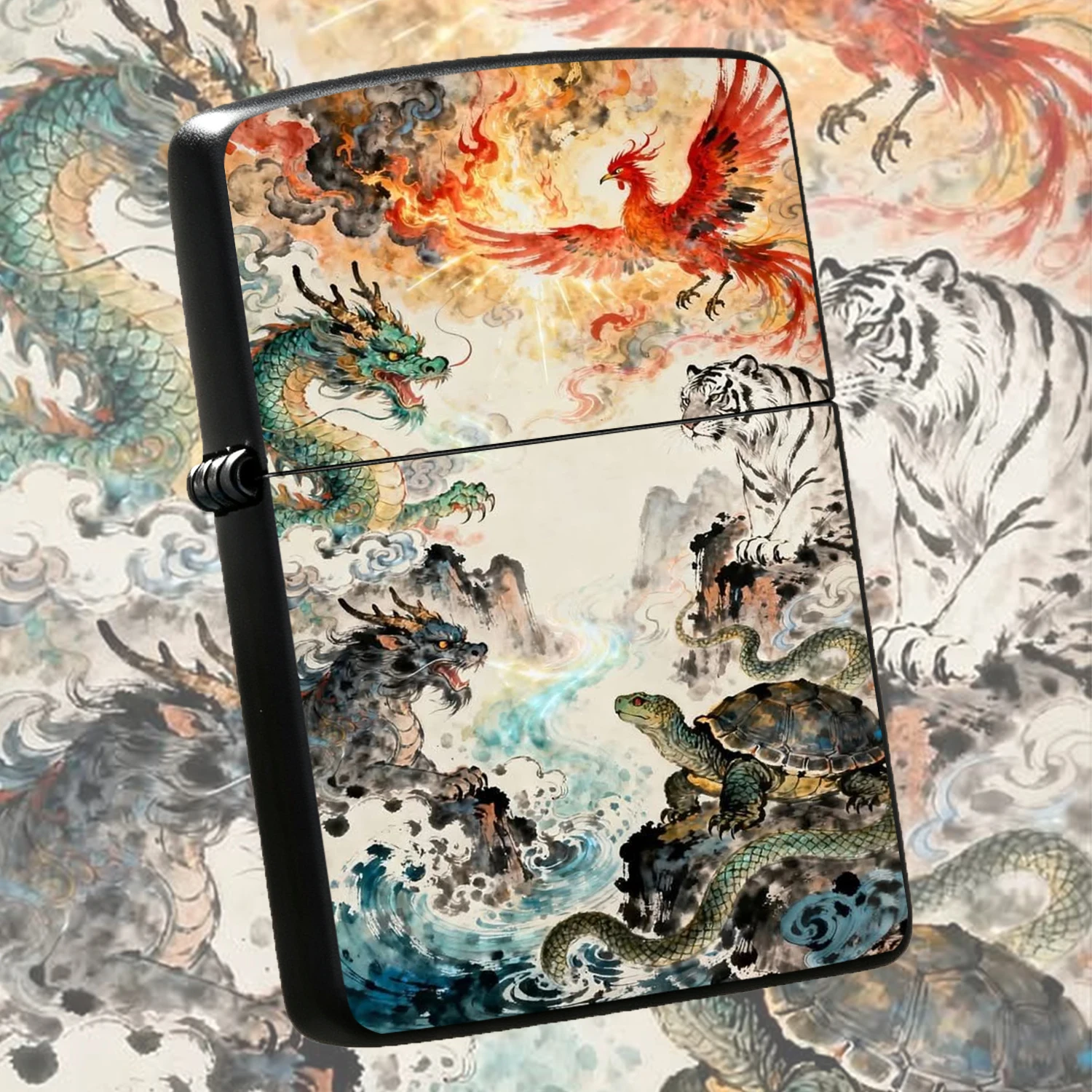 Traditional Eastern Style Four Themed Lighter Ink Wash Style Azure Dragon Vermilion Bird Black Tortoise Pattern Portable Elegant Accessory For Daily Use Gifting Scenes A Humorous And Interesting Lighter