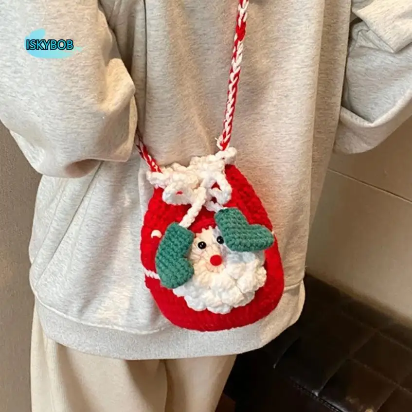 

Soft Bow Xmas Candy Bag Kriss Kringle Santa Claus Father Christmas Bag Woven Cross Body Knitting Drawstring Bag Christmas Gift