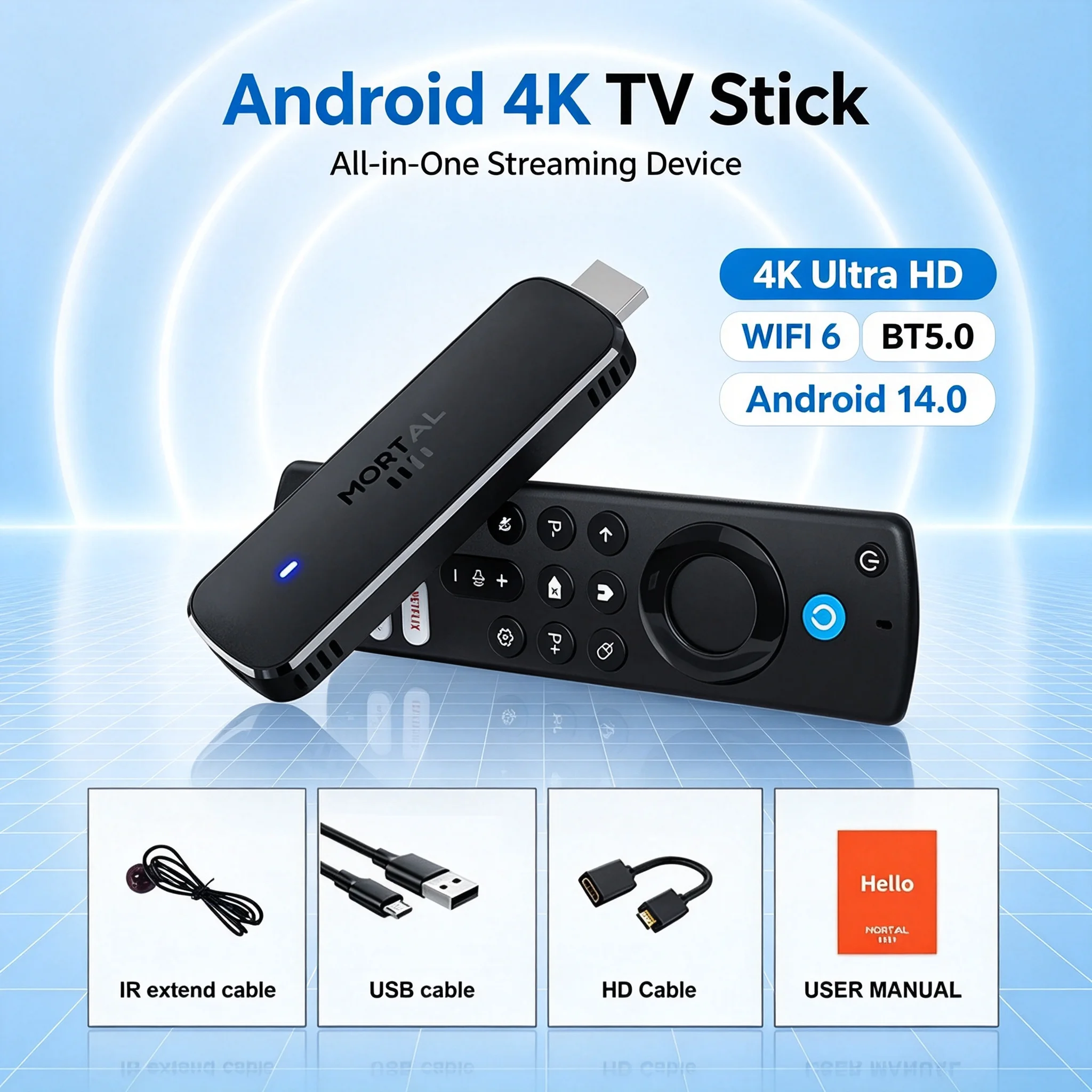 Mortal Q8 2GB 16GB Android 14 TV Stick 4K Dual Band WiFi 6 BT50 Google Voice 1080P Full HD Wireless TV Dongle Smart Media Player