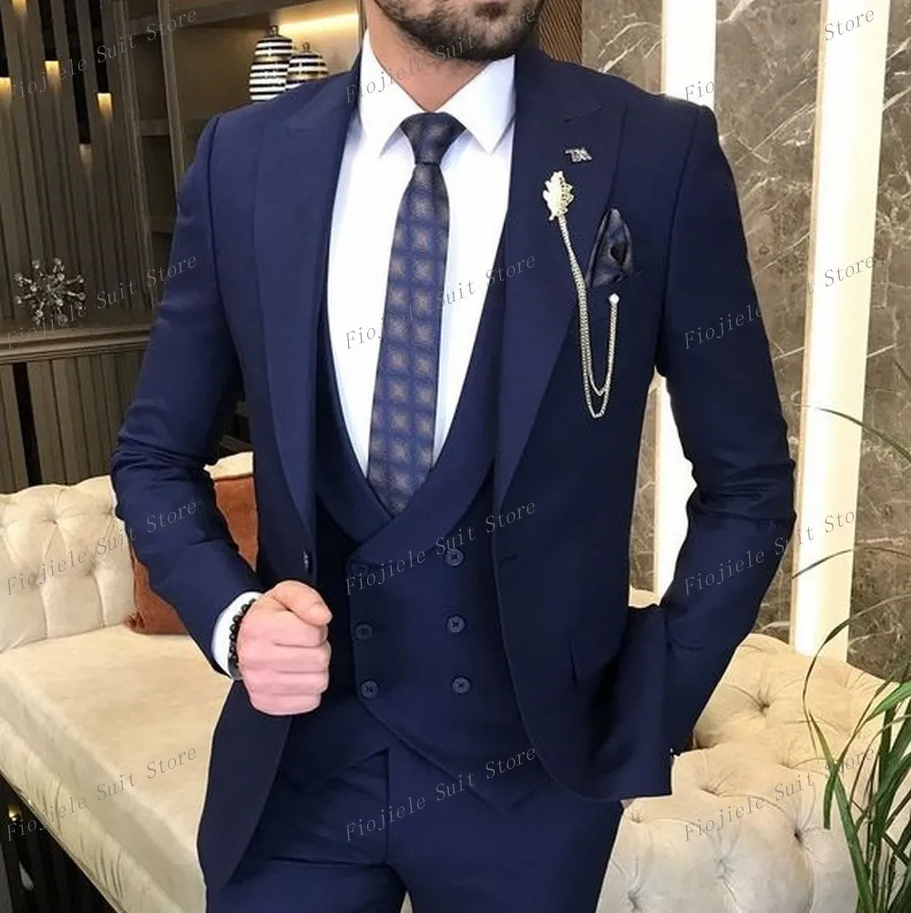 

New Male Navy Blue Men Suit Business Prom Groom Groomsman Wedding Party 3-Piece Set Formal Occasions Tuxedo Jacket Vest Pants