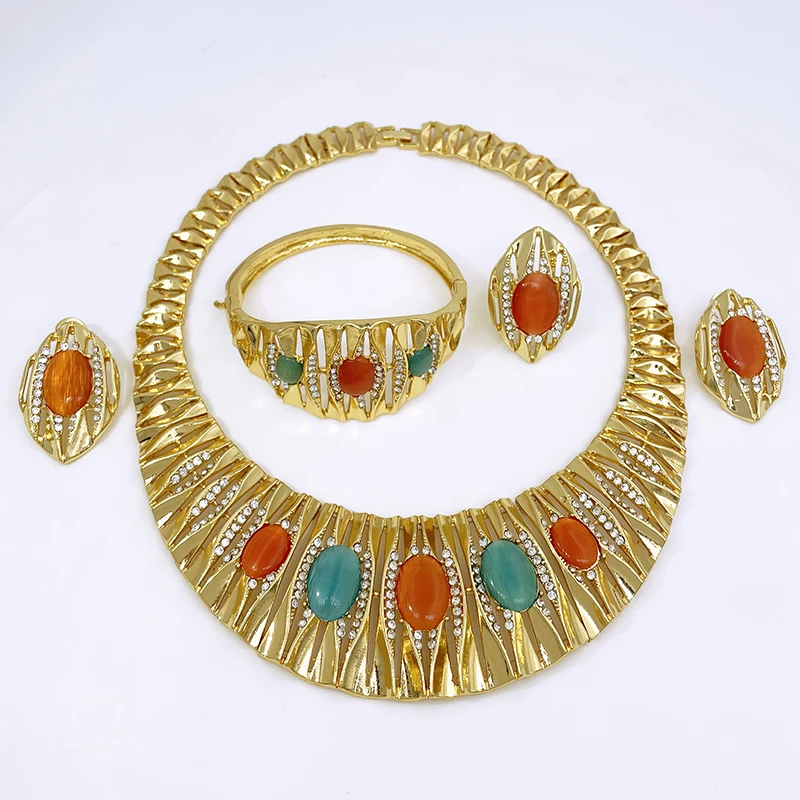 Dubai Gold Color Jewelry Set For Women High Quality 18K Gold Plated Opal Jewelry Necklace Earring Ring Bracelet 4PCS Set Jewelry