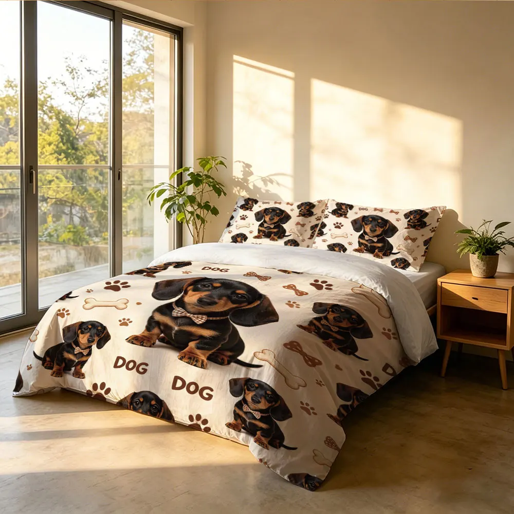 3pcs Cartoon Cute Sausage Dog Print Coreless Duvet Cover Set Multi Size Comfortable Bedroom Bedding Decoration, Machine Washable