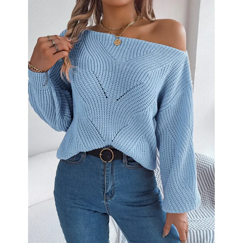 2024Autumn And Winter Ladies Casual Orange Hollow Out Single Collar Off Shoulder Lantern Sleeve Fashionable Long Sleeved Sweater