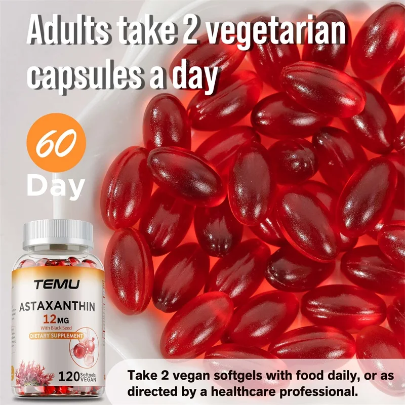 

Astaxanthin 12mg with Organic Black Seed - Promotes Cardiovascular Health and Support Eye & Skin Health, Internal Circulation