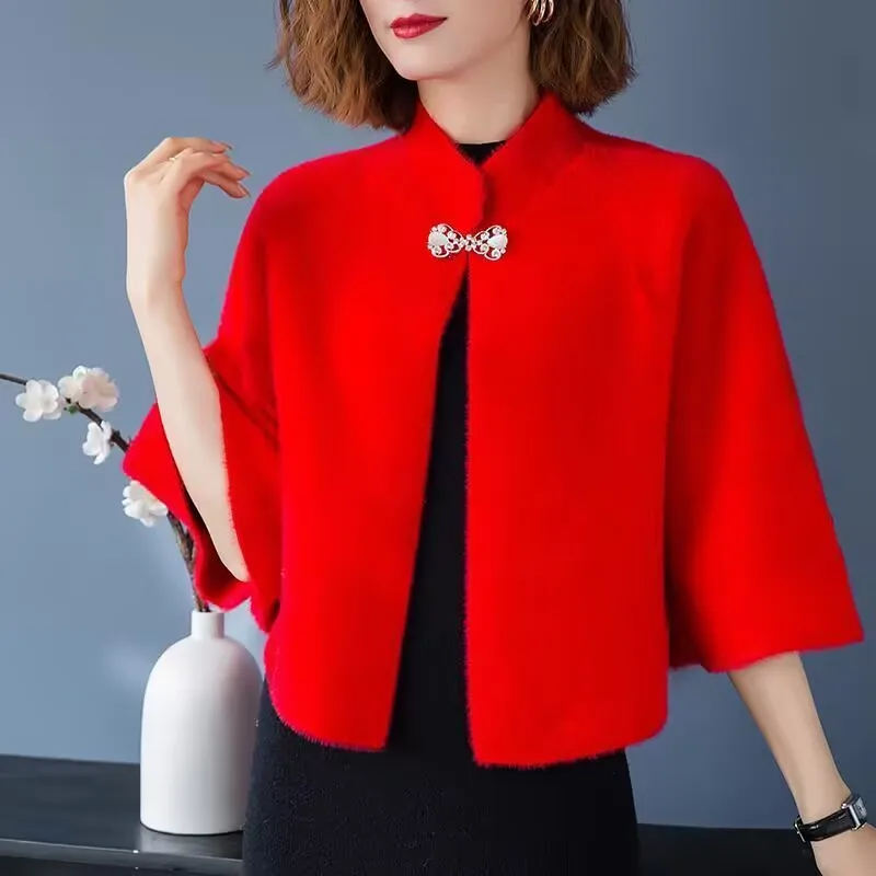 

Women Imitation Mink Velvet Sweater Short Knitted Shawl Coat Autumn High End Embroidered Small Cloak Elegant Cardigan Jacket