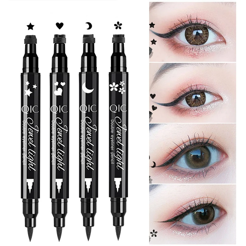 Double Head Triângulo Estrela Coração Sorriso Delineador Líquido Pen, Preto, Vermelho, Selo de Maquiagem, Impermeável, Lápis Cosméticos