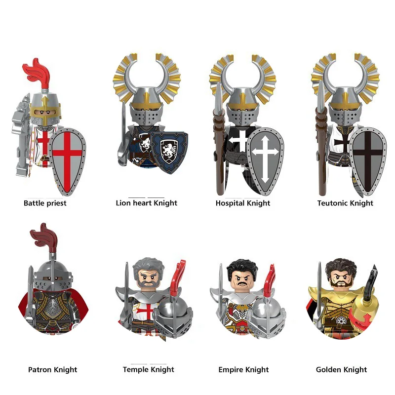 

Средневековые рыцарские минифигурки: тамплиеры, тевтонские рыцари, рыцари-рыцарей-левоносцы — коллекционные фигурки с мечами и щитами из строительных блоков