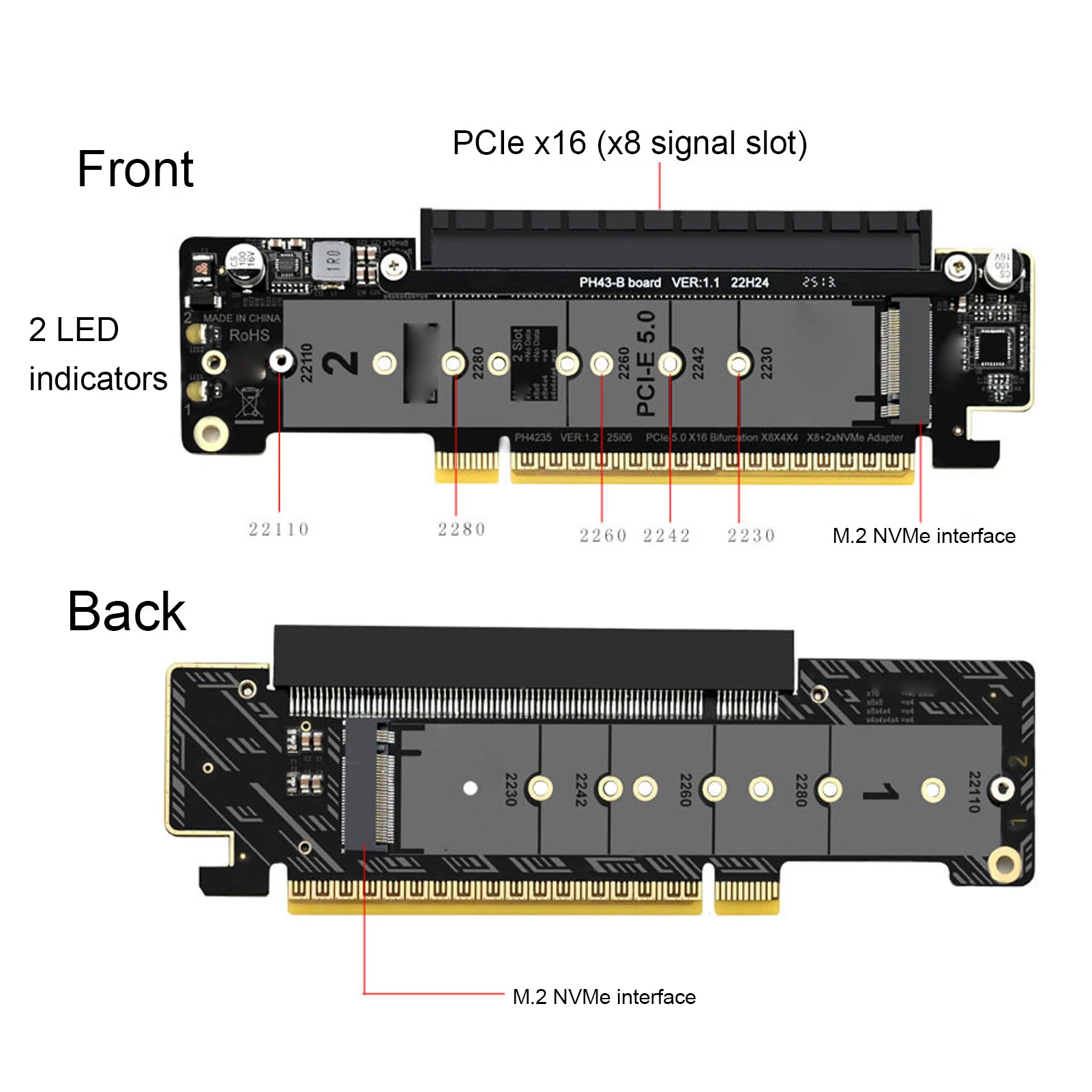 Tarjeta Adaptadora PCIe 5.0 X16 a Doble M.2 M Key, Tarjeta de Expansión M.2 PCIE NVMe, Compatible con X8 X4 X4 Split para Expansión de SSD de Alta Velocidad 4