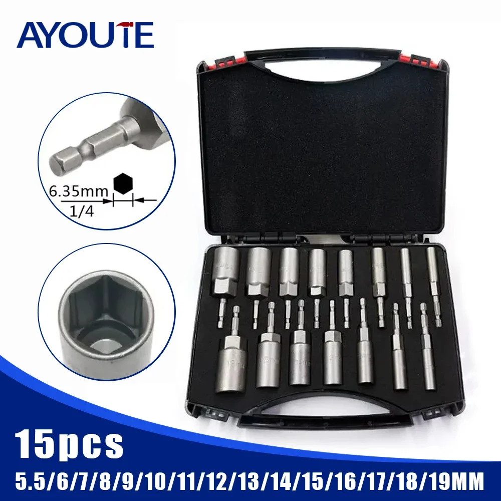 5.5-19mm Impact Socket Adapter 80mm Length Deepen Nut Driver Drill Bit Set for Power Tools 1/4-inch Hex Shank Wrench Screw