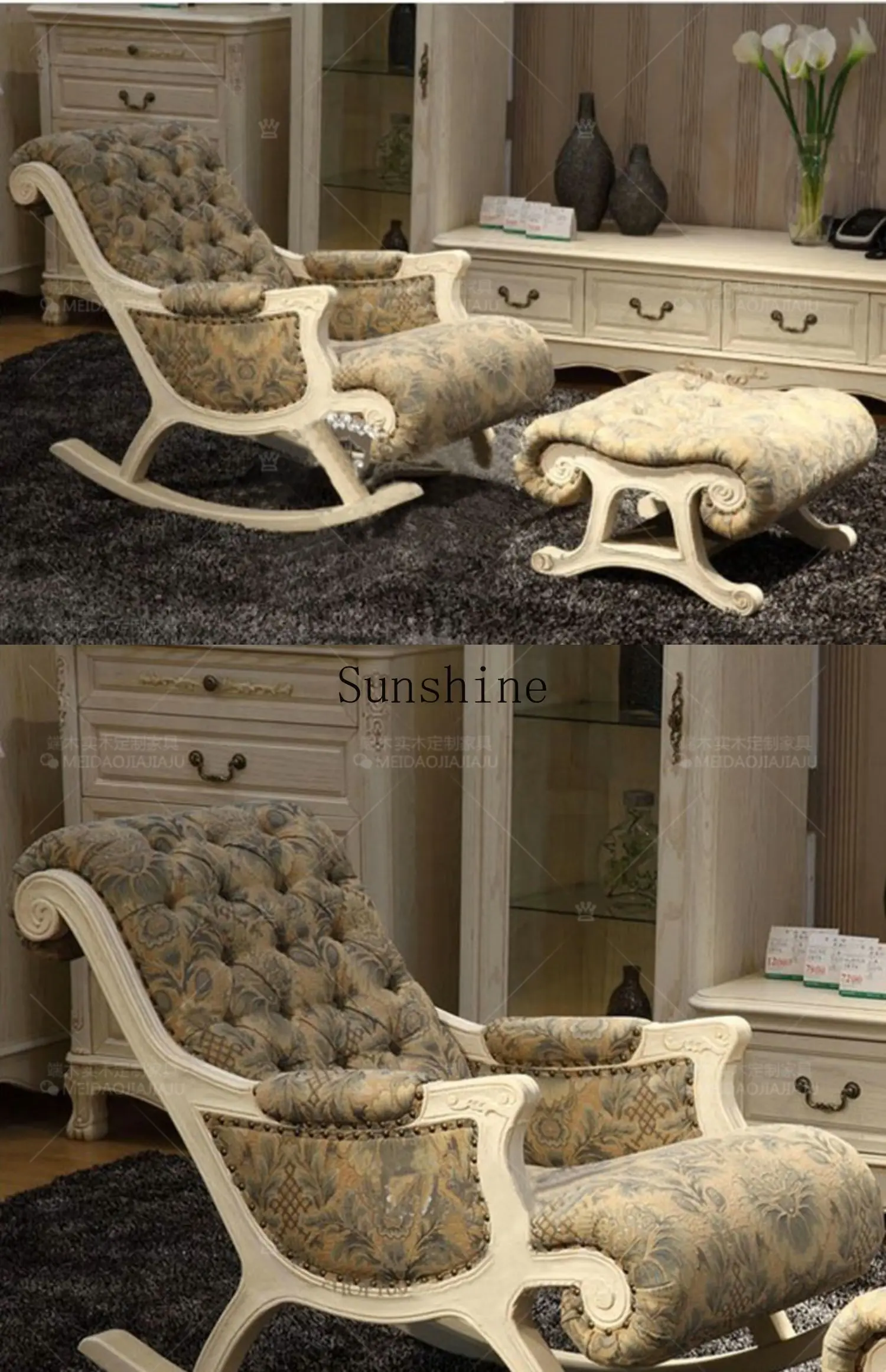 Neoclassical solid wood balcony nap rocking chair French carved pull button bedroom casual lazy