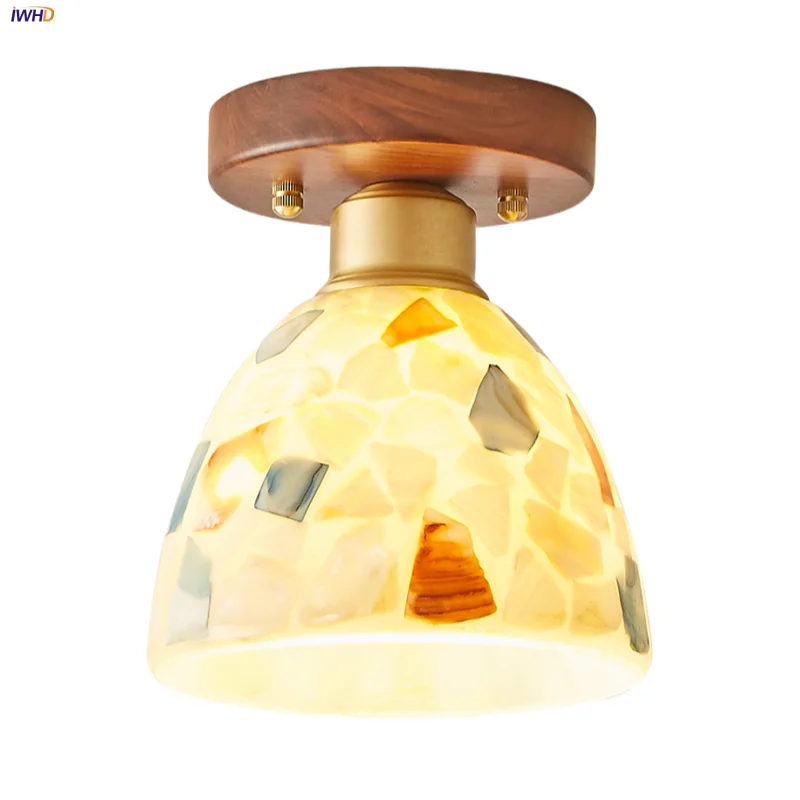 

IWHD Wood Canopy LED Ceiling Lamp Corridor Aisle Dining Room Decor Glass Colored Shell Gold Copper Tiffany Ceiling Light Fixture
