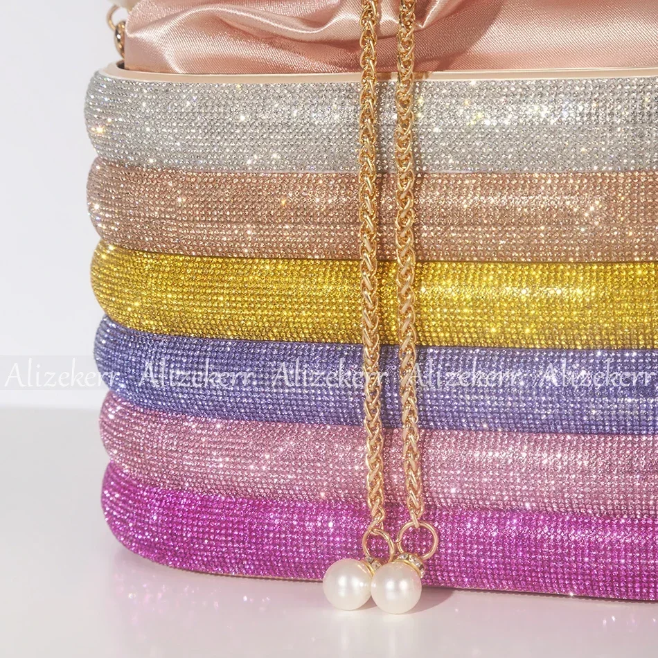 Crystal Evening Clutch Bags para Mulheres, Punho Pérola, Bolsas De Metal De Strass, Bolsas De Designer De Luxo, Festa De Casamento