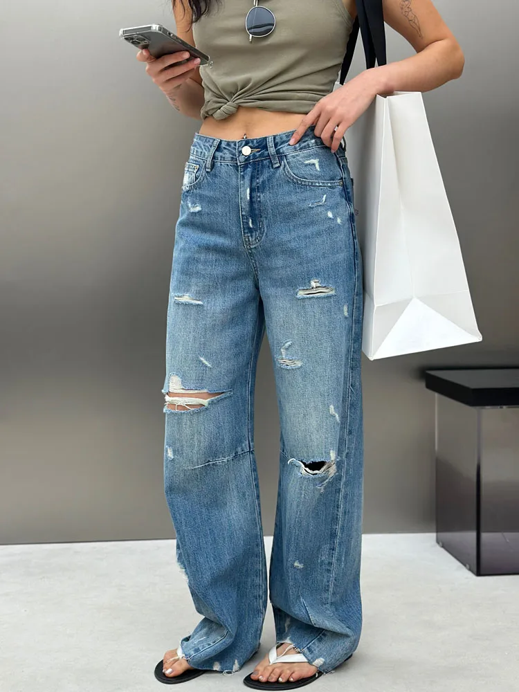 

American Sle Vintage Hole Jeans Bodhl Spring New Faion Wide Leg Slimming Denim Pants High Waist Casual High Street