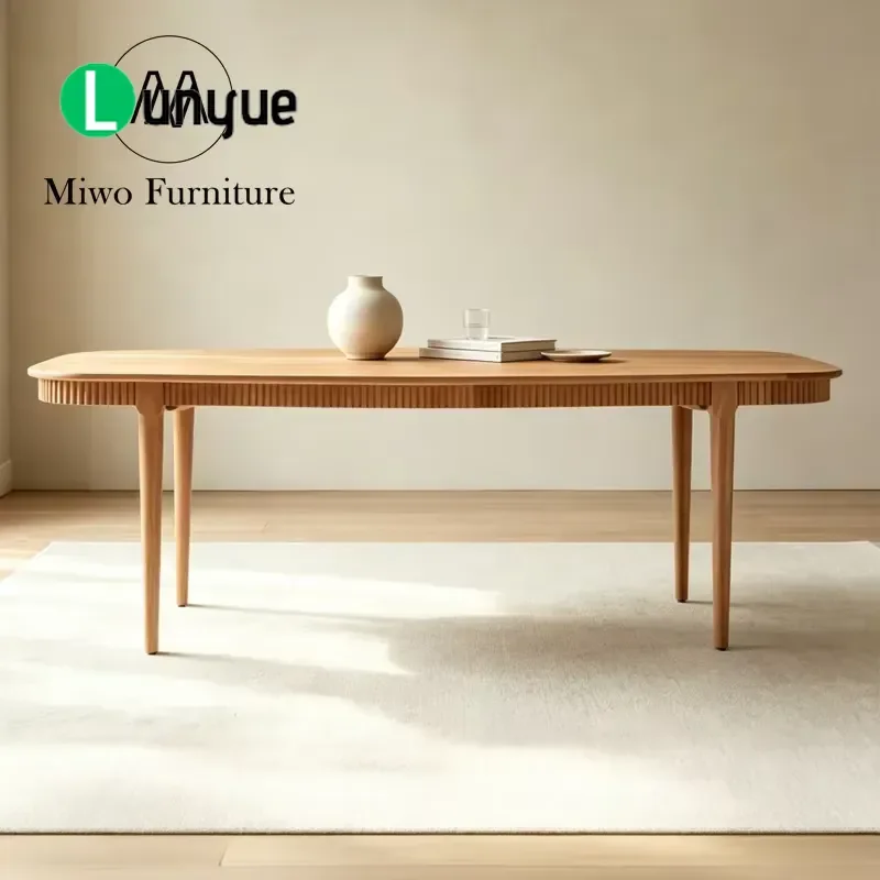 Modern French Retro Style Luxury Dining Table Set Rectangular Round Edge Oak Solid Wood with Ceramic Top for Living Room Home