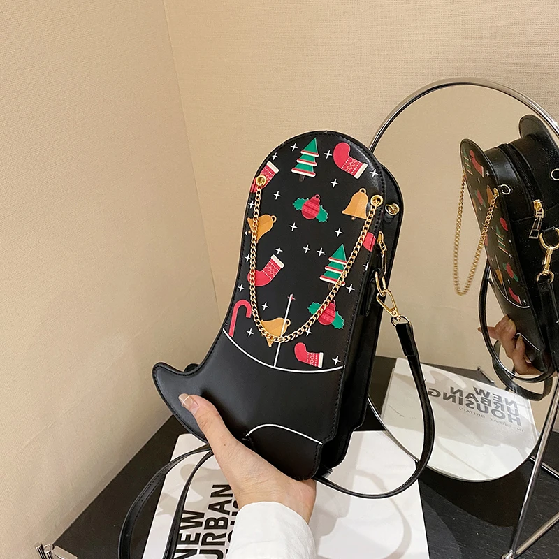 Christmas Heel Shoes Bags for Women 2023 New Quirky High Cute Cartoon Printing Crossbody Bag Fashion Leather Female Shoulder Bag