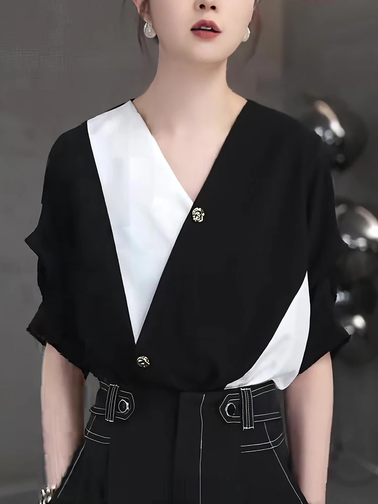 

Faionable Patchwork Cross V-ne Commute Slimming Top New Summer 2025 Gtuq Brand Korean Sle Regular Sve ort Sve