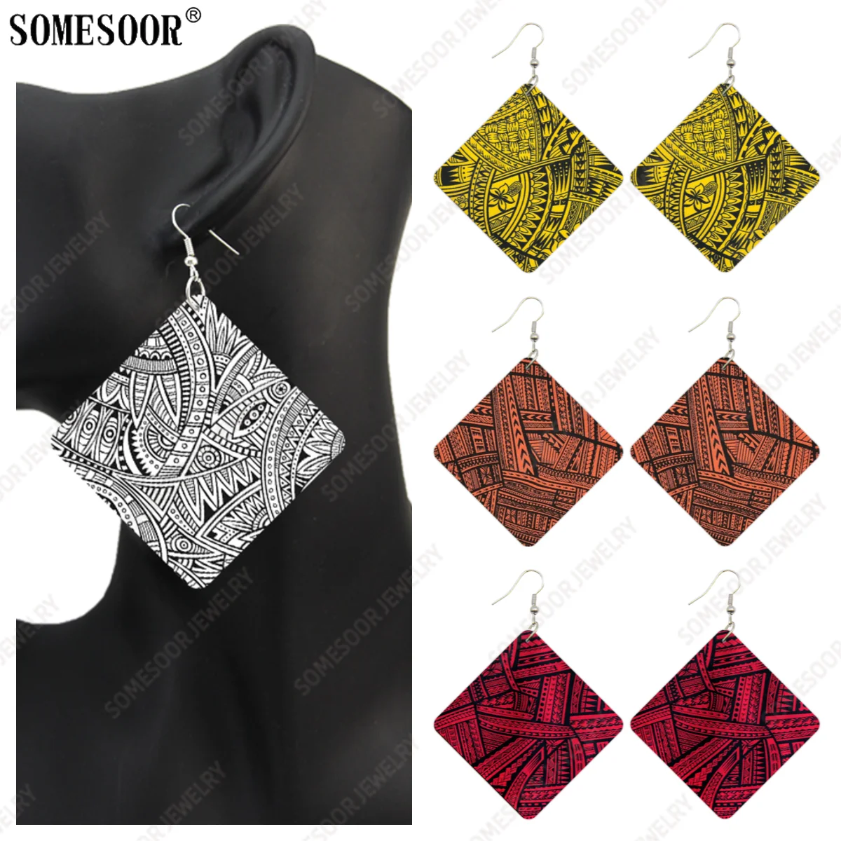 SOMESOOR Polynesian Art Hawaiian Tattoo Women Wooden Drop Earrings Seamless Samoan Fabric Print Sqaure African Wood Dangle Gifts