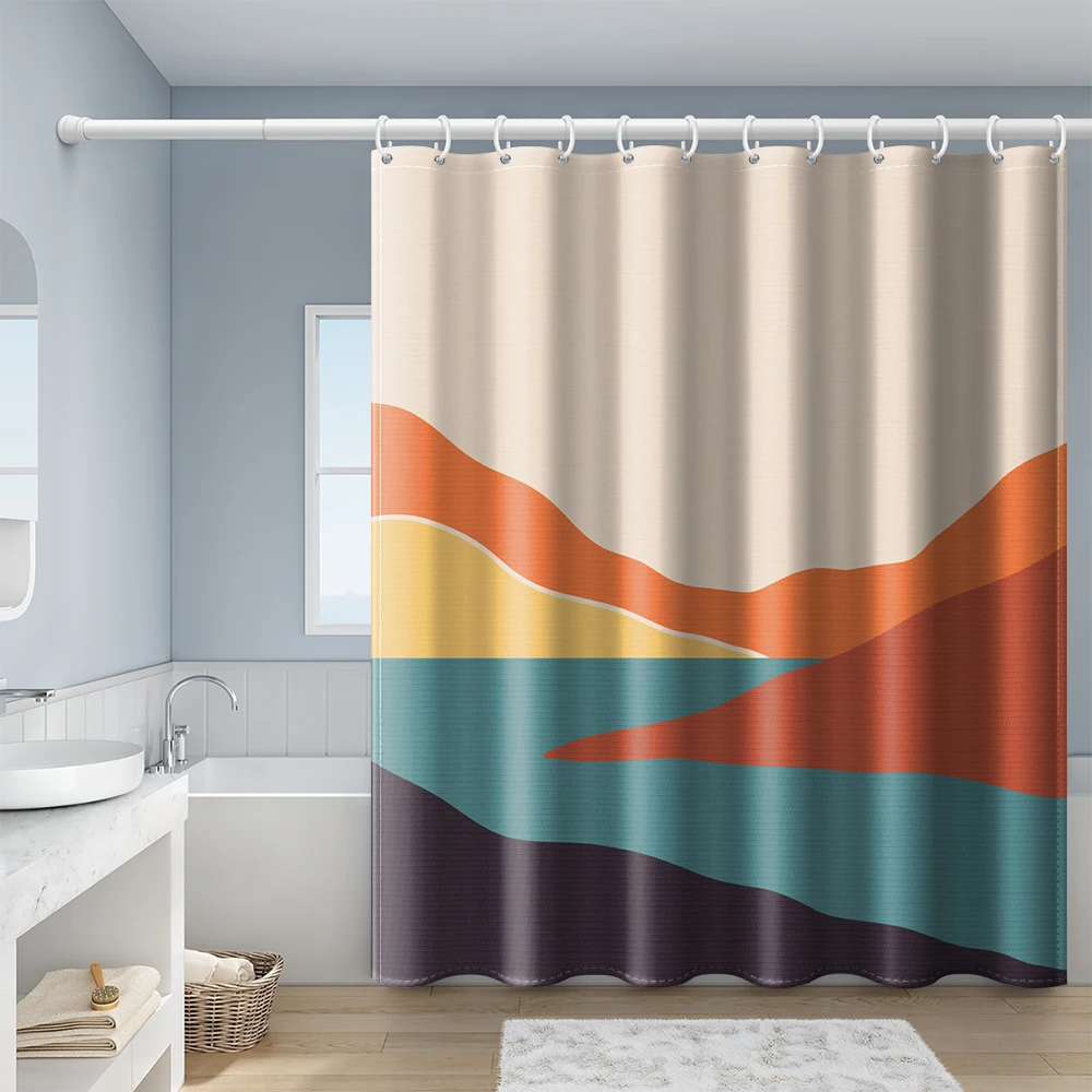 Mountains And Sunrise Scenery Abstract Art Illustration Ahower Curtain Bathroom Curtain With Hook Waterproof Polyester Fabric