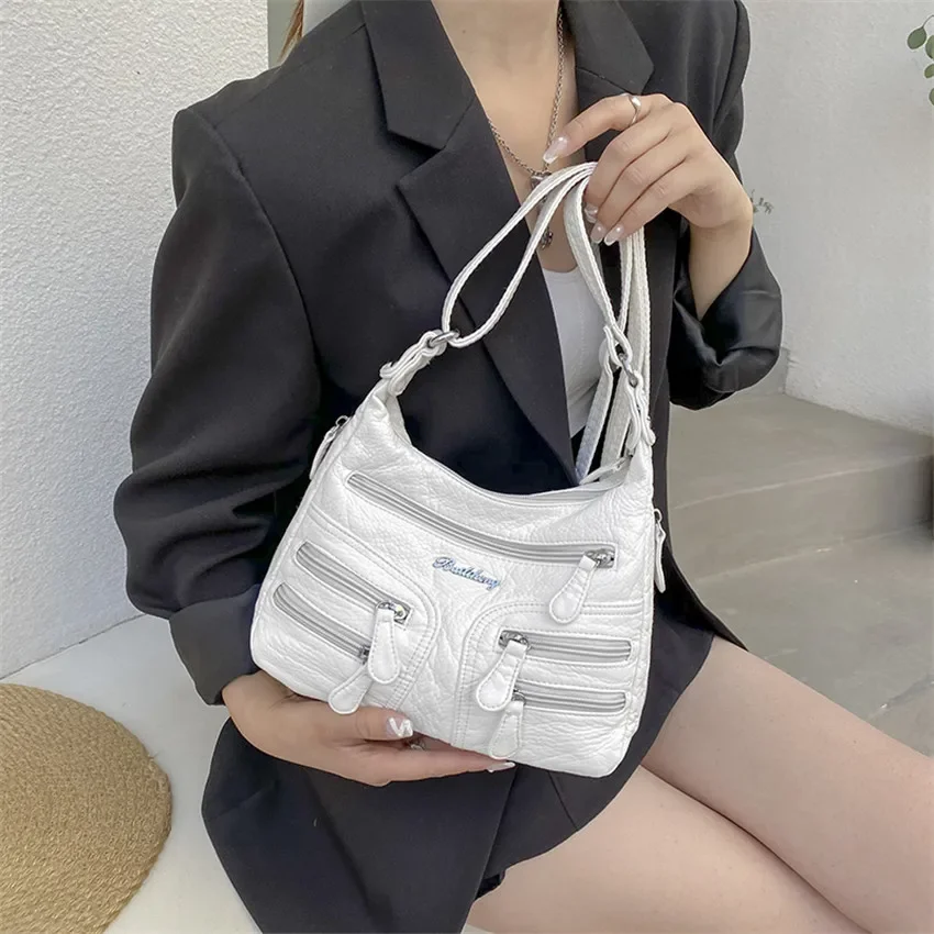 Small Soft Shoulder Bag Casual Women Bag Wash White Leather Crossbody Adjustable Multi-pocket Ladies Pocket Bolsa De Ombro New