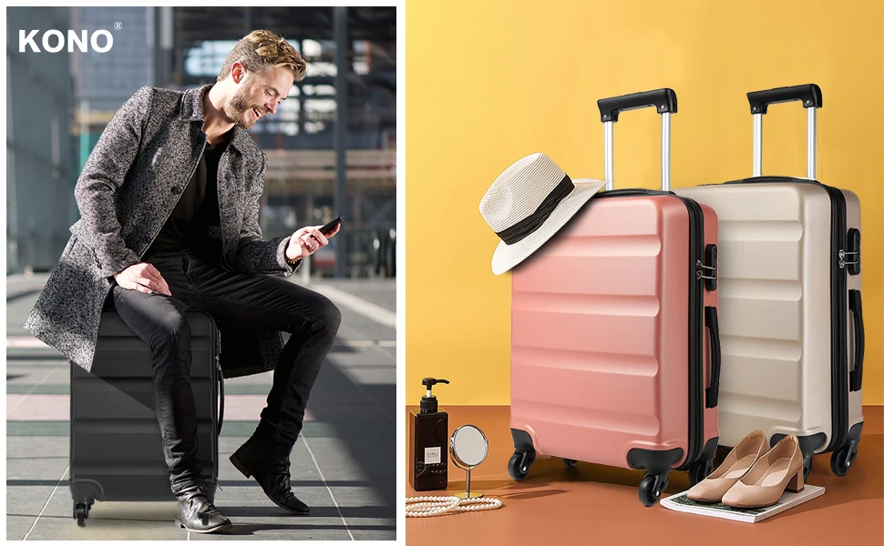 KONO Koffer Leichter Hartschalenkoffer, Trolley Reisekoffer mit 4 Zwillingsrollen & TSA-Schloss, ABS Material（S M L ） – Detail 5