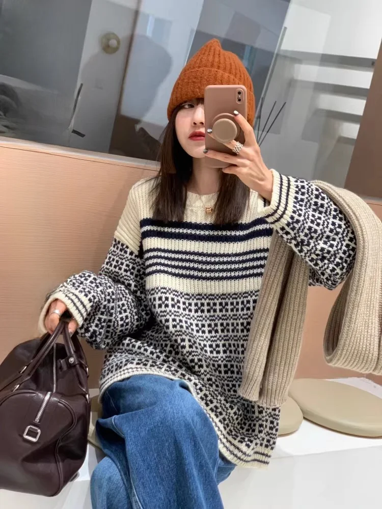 

Feita Korean High-End Casual 3D Weave Pattern Splicing Woolen Sweater Women's Warm Loose round Ne Top Comfortable Knitted W...