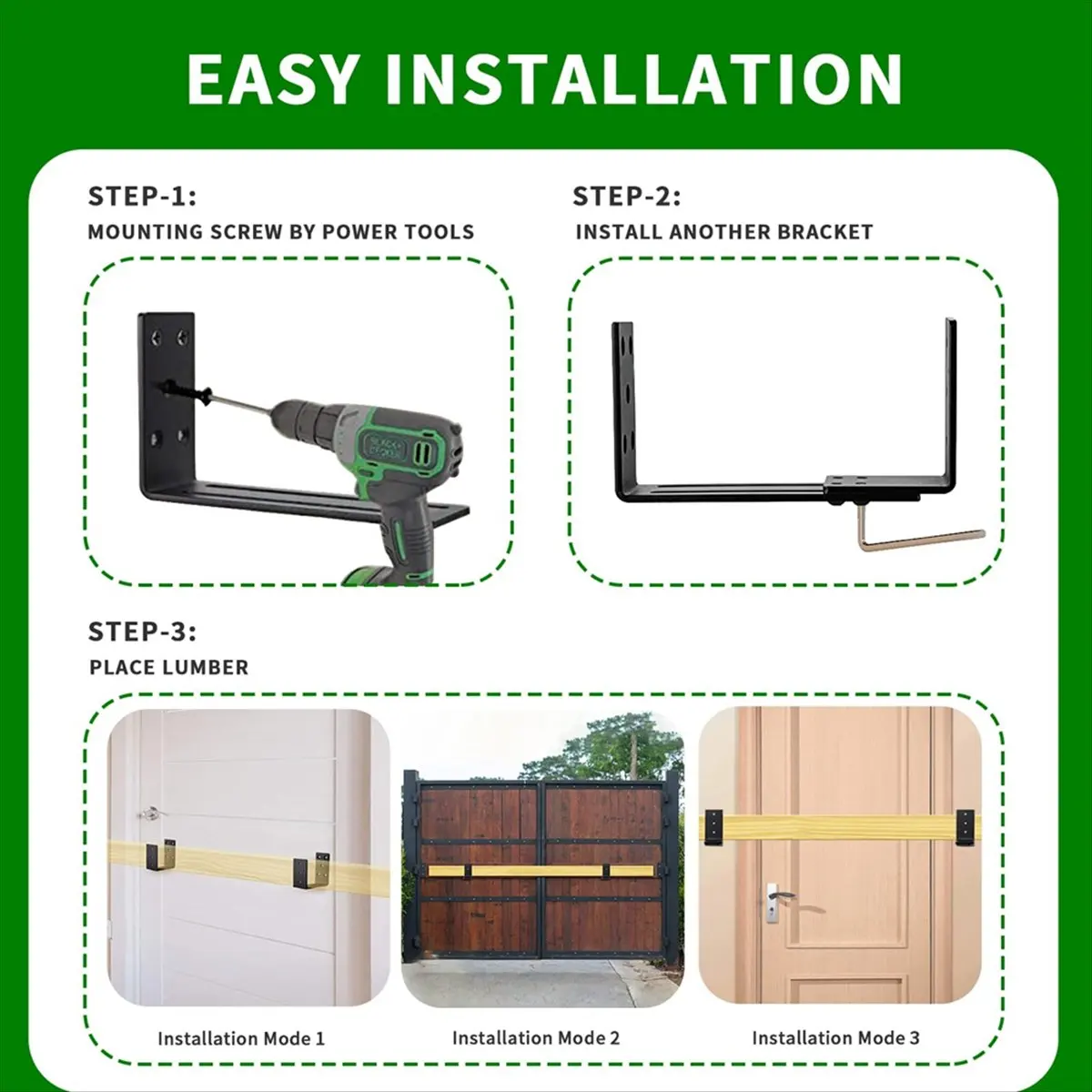Reliable- Adjustable Door Barricade Brackets, Heavy Duty Door Security Bracket, Drop Open Bar Holder for Security
