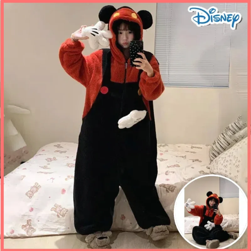 New Cute Cartoon Mickey Hooded Coral Fleece One-Piece Pajamas Women'S Winter Warm Flannel Casual Home Suit Set Birthday Gift