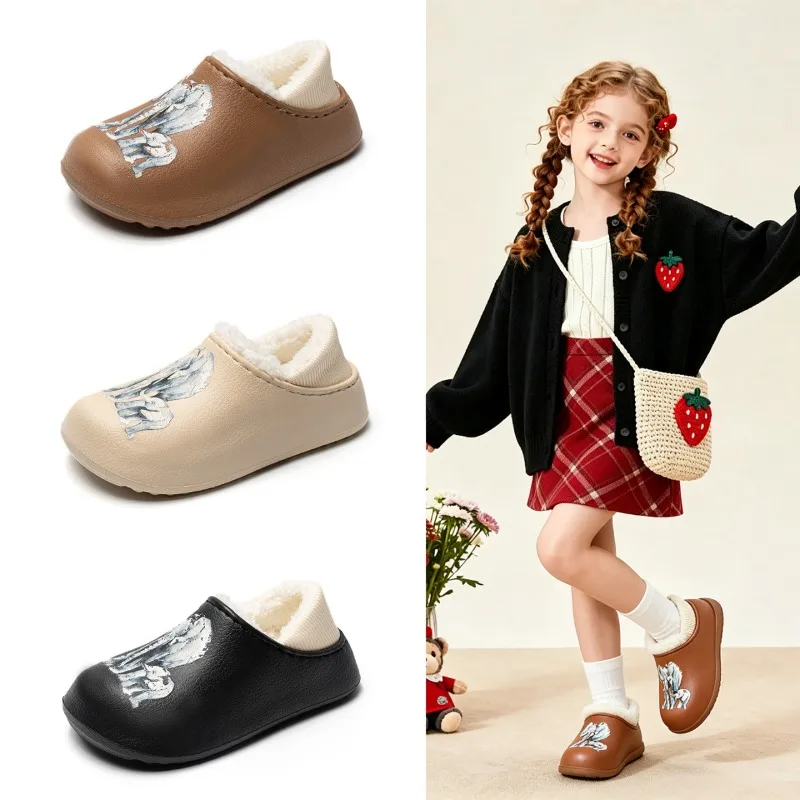 Children Casual Slippers Round Toes Kids Warm Shoes Suede Inside Soft Sole 2026 Winter New Girls Fashion Shoes Non-slip