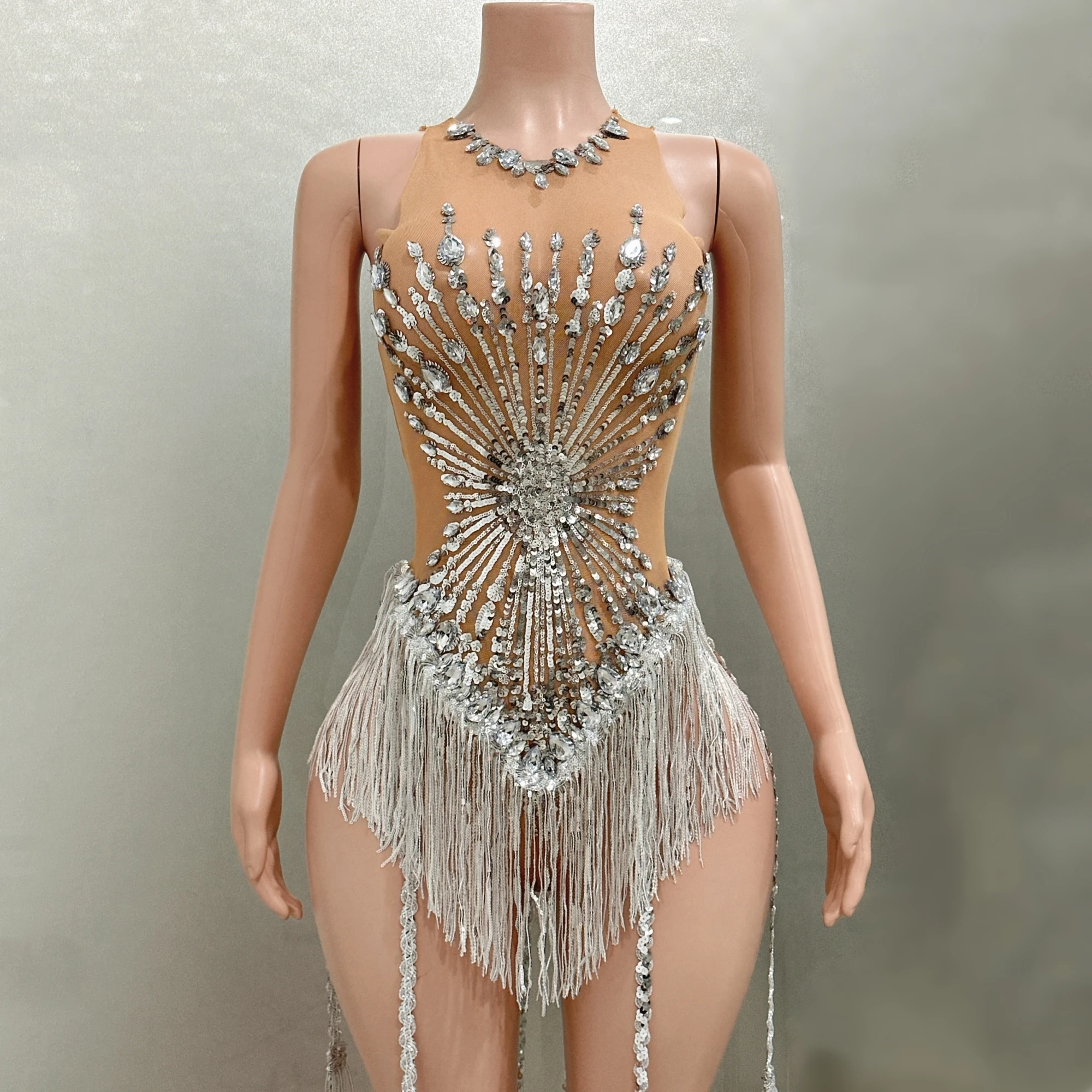 

Shinning Sequins Rhinestone Tassels Sexy See-Through Sheath Mini Bodysuit Evening Party Nightclub Performance Costume Stage Wear