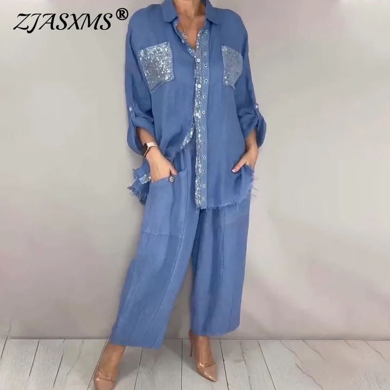 Women Sequin Patch Pocket 2‑Piece Set Lapel Collar Frayed Hem Button Shirt & Wide Leg Pants Suit New Solid Casual Holiday Outfit