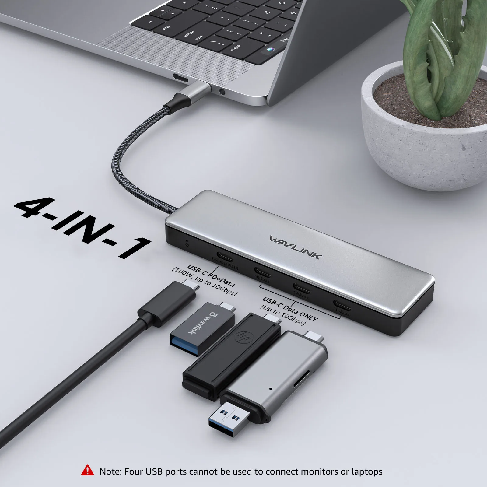 Wavlink USB C Hub Aluminum USB 3.2 Gen 2 Hub 10Gbps with 4 USB C Data Ports Support 85W Power Delivery for MacBook Pro/Air iMac